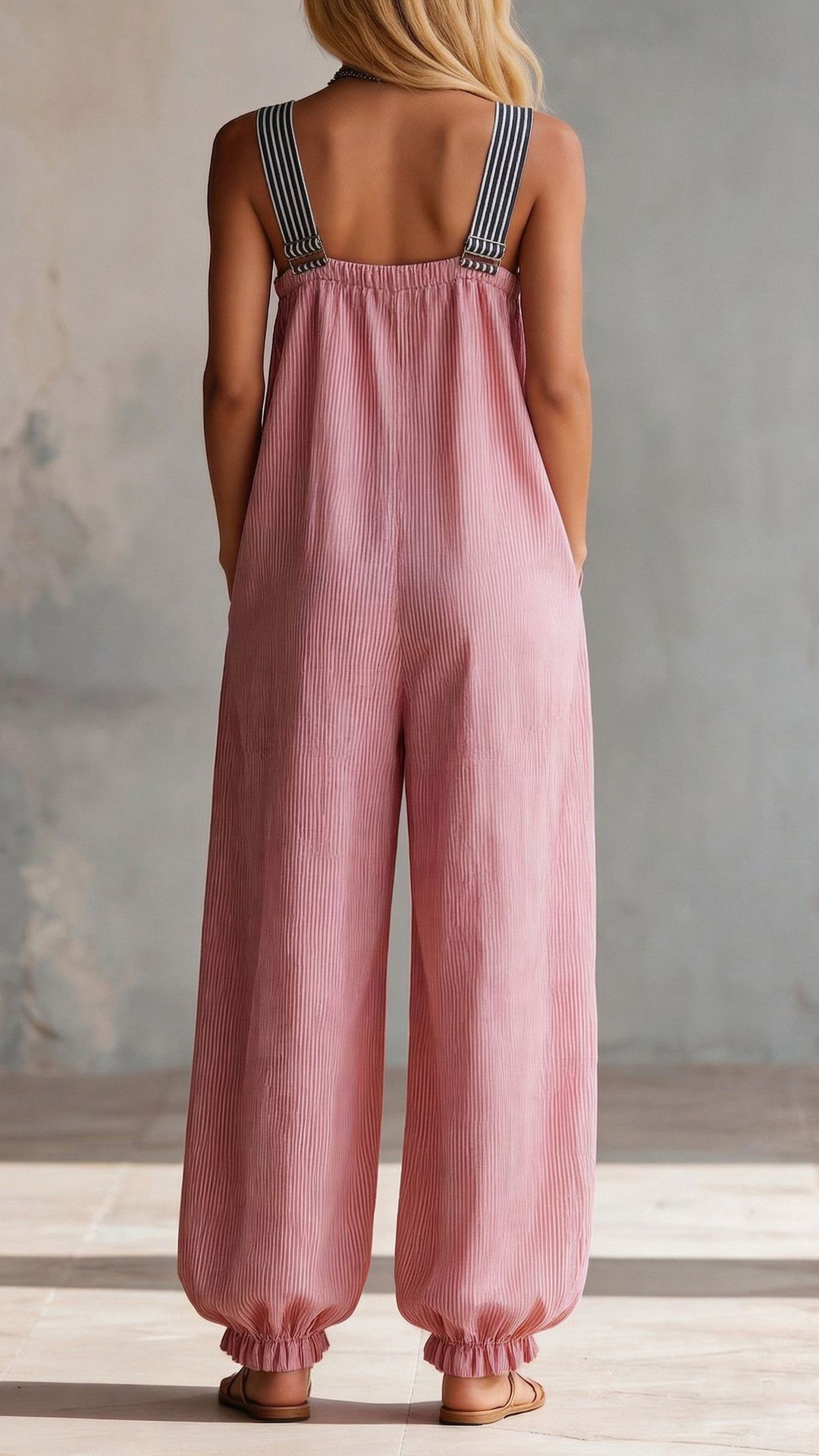 Women's Cotton‑blend Pink Fine‑striped Contrast‑strap Zip‑up Loose Jumpsuit - Nordfashionstorm - Women's Clothing, Fashion for You - Nordfashionstorm.com