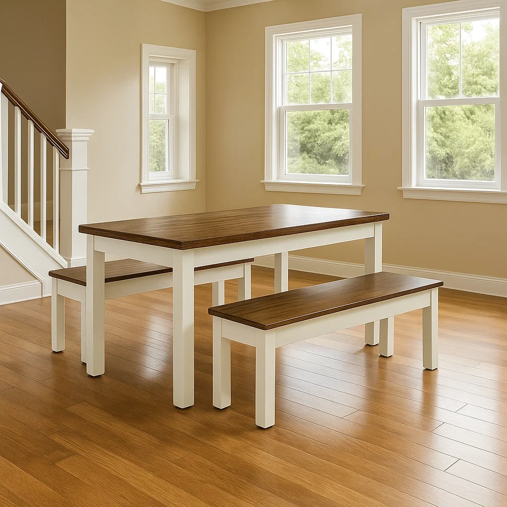 Dining group with table and chairs, consisting of a dining table and two dining benches, brown, wood, suitable for the dining room