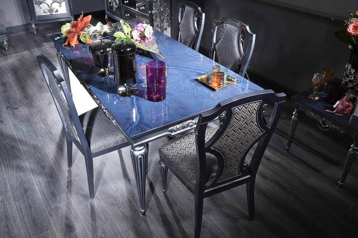 Luxury Baroque Dining Room Set Blue / Gray / Silver - Dining Table and 4 Dining Chairs - Baroque Dining Room Furniture