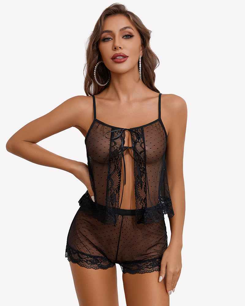 Sheer Open Front Polka Dot Shorts Set