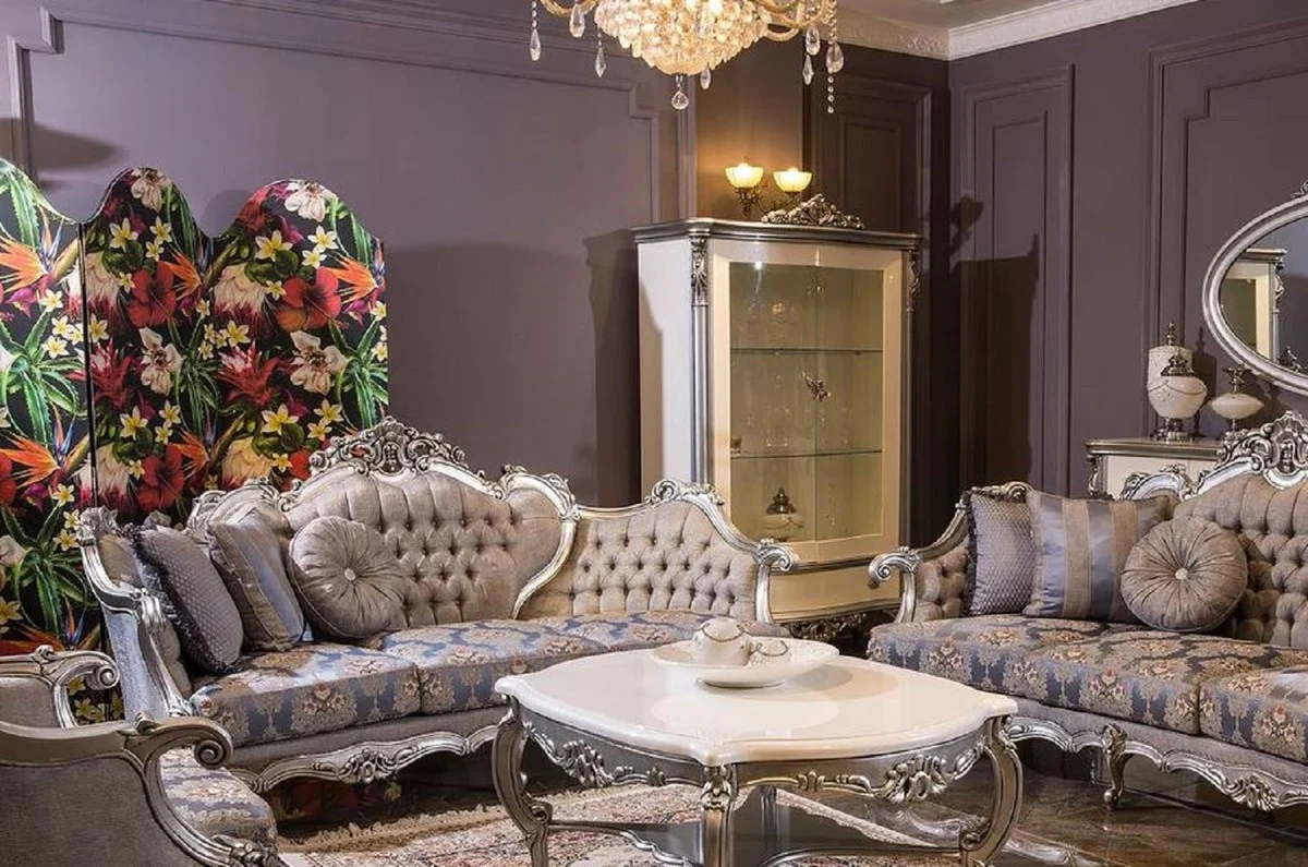 Luxury baroque living room set gray / blue / silver - 2 baroque sofas & 2 baroque armchairs & 1 baroque coffee table - living room furniture in baroque style - baroque furniture - baroque furnishings