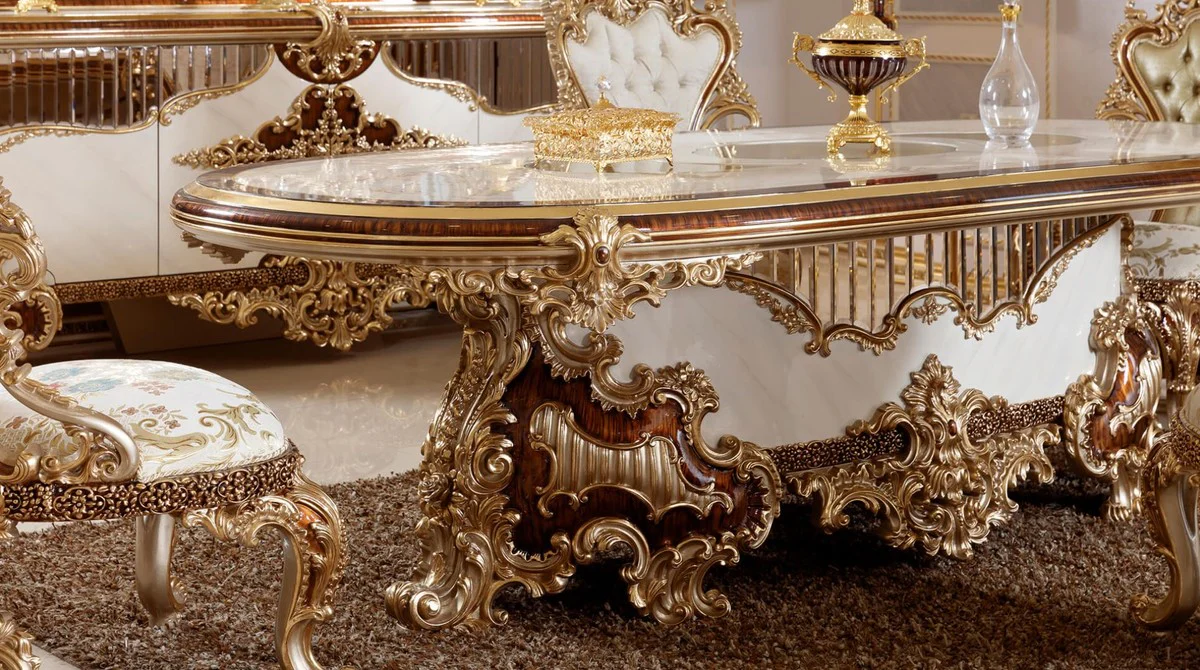 Luxury Baroque Dining Room Set White / Brown / Gold - 1 Baroque Dining Table & 6 Baroque Dining Room Chairs - Baroque Dining Room Furniture - Luxury Furniture in Baroque Style - Noble & Magnificent - Luxury Quality