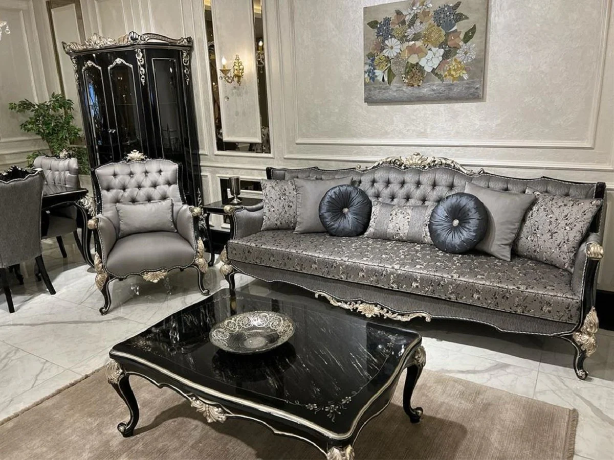 Luxury baroque coffee table black / silver - handmade solid wood living room table in baroque style - elegant baroque living room furniture