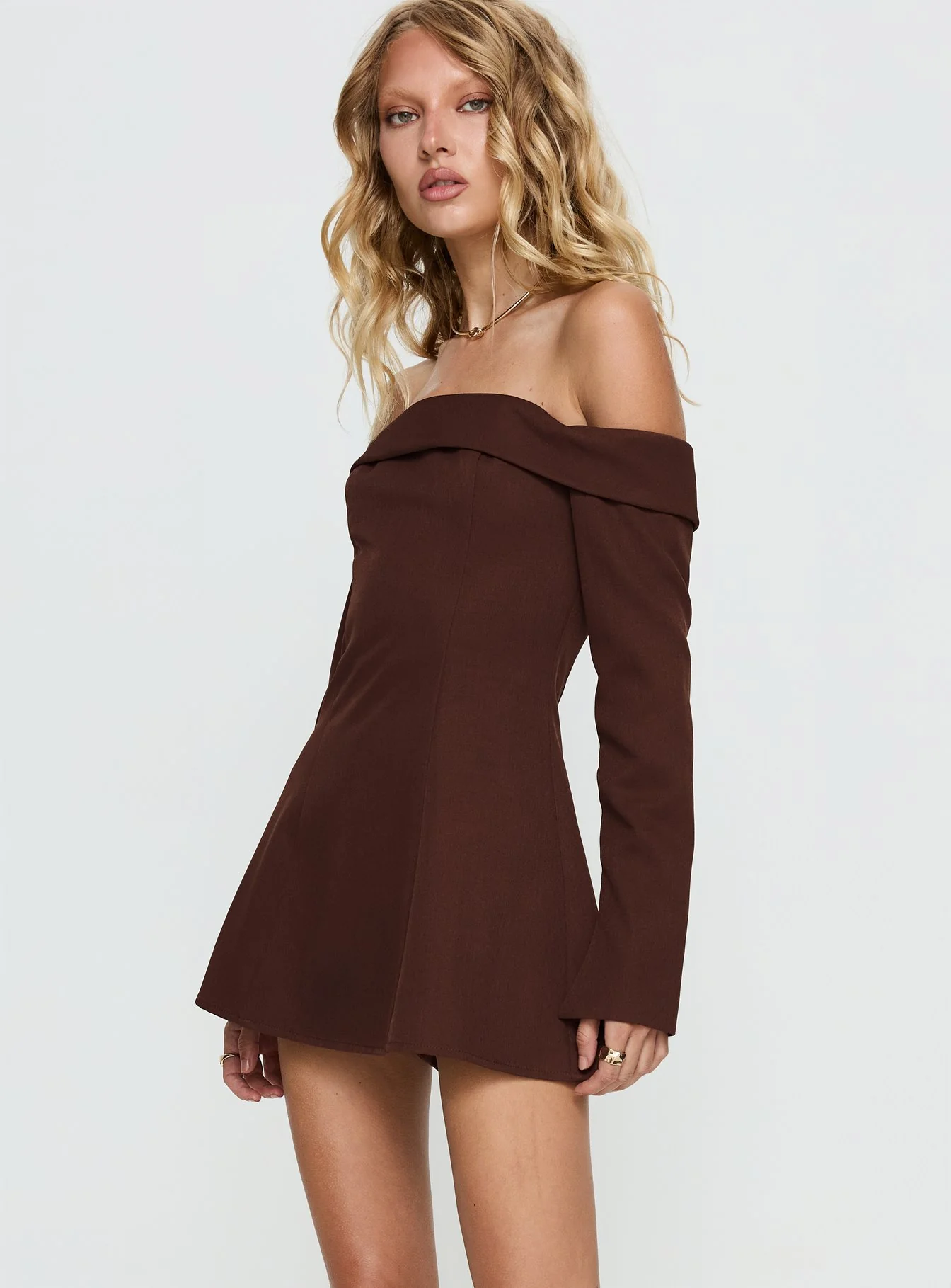 Daija Off Shoulder Long Sleeve Playsuit Brown