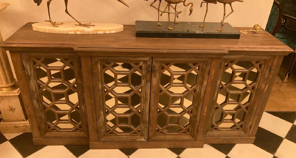 Country house style sideboard antique brown 210 x 50 x H. 100 cm - solid wood cabinet with 4 mirrored doors - country house style furniture