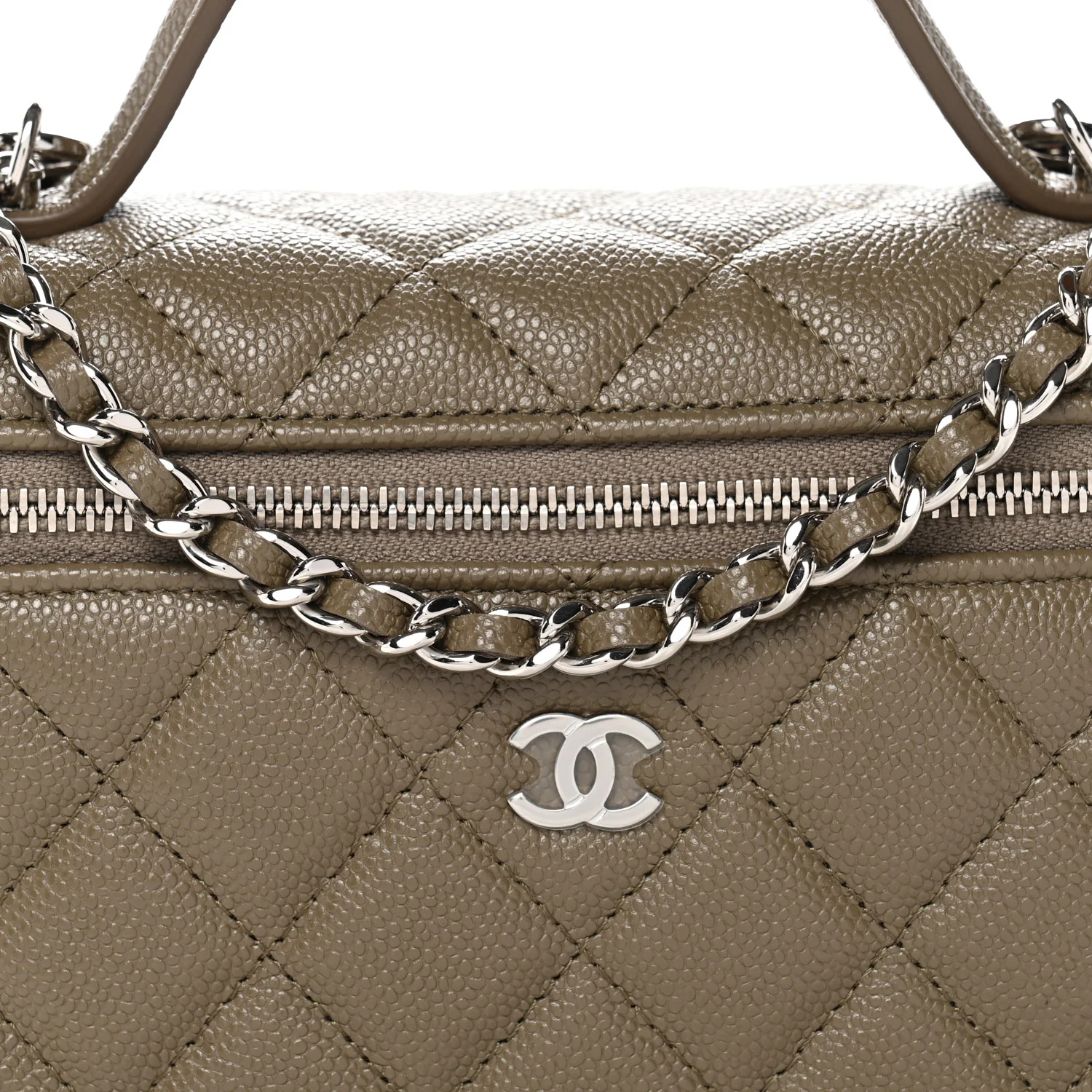 Caviar Quilted Top Handle Slim Vanity With Chain Dark Khaki - Top Club