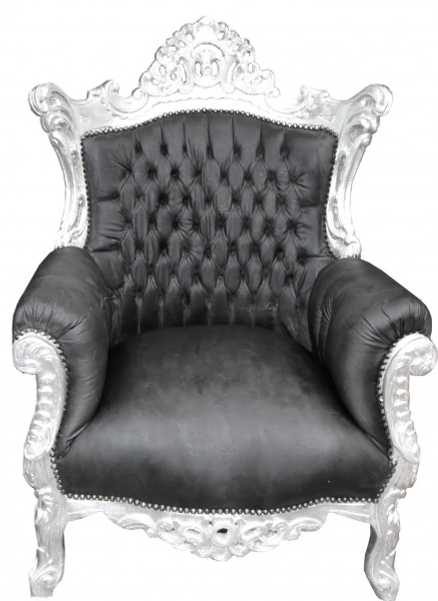 Baroque armchair Al Capone black leather look/silver - antique style