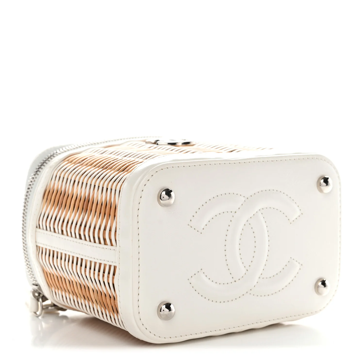 Calfskin Raffia Small Vanity Case Bag White Beige - Top Club