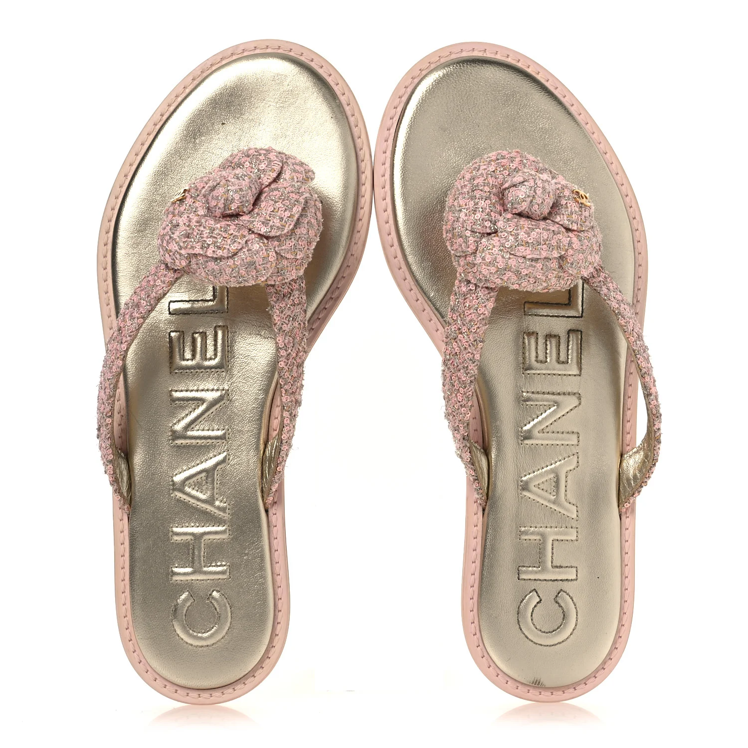 Tweed Camellia Thong Sandals 37.5 Salmon Apricot Gold