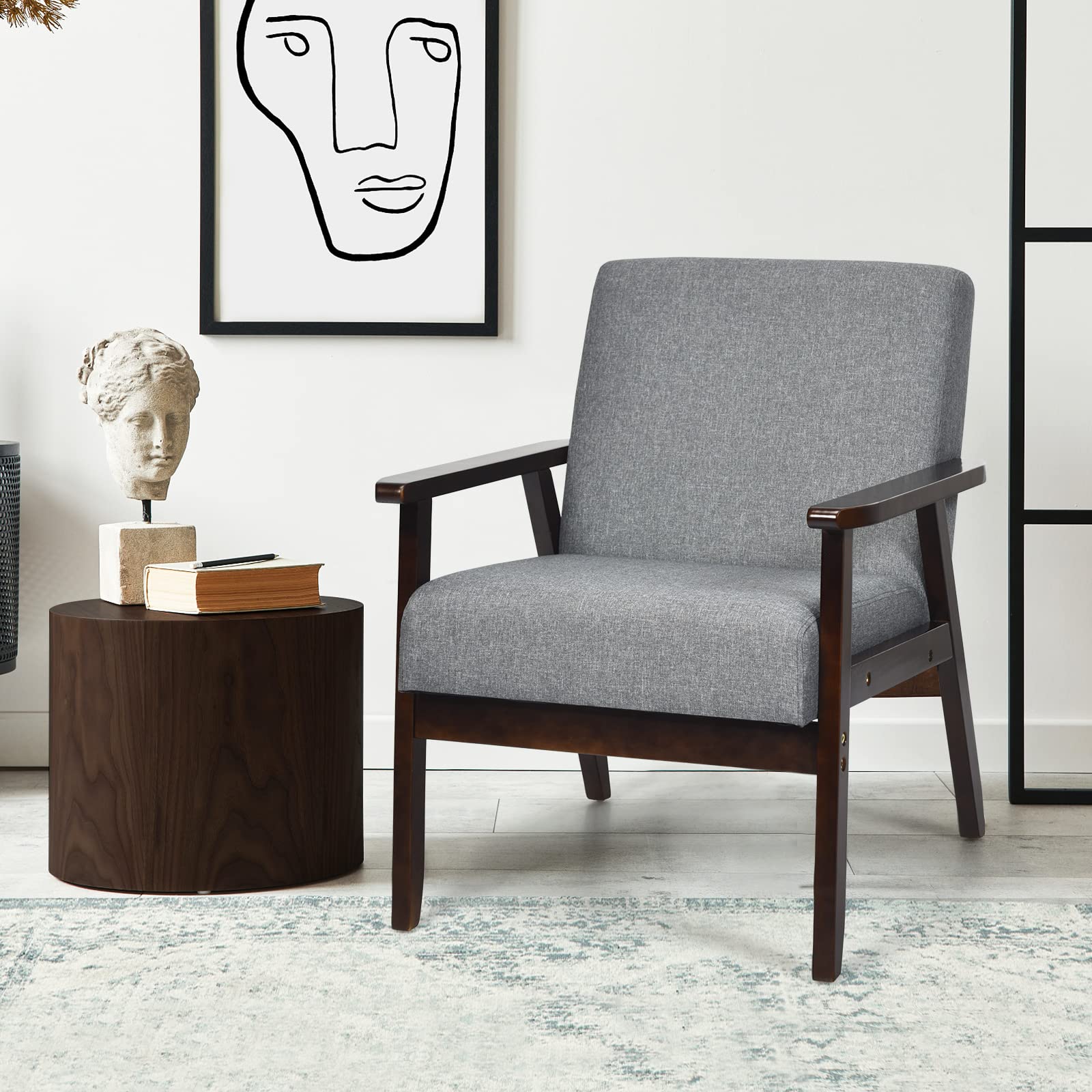 BEFOUNDLOVELY Armrest Accent Chair, Upholstered Linen Fabric Lounge Chair with Rubber Wood Legs, Comfortable Backrest