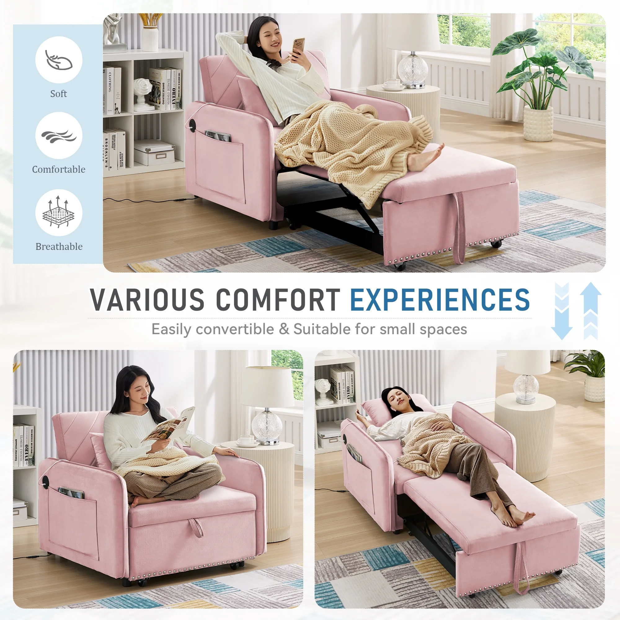 Lunale 3 - in - 1 Convertible Sleeper Chair Bed, Indoor Lounge Chair with USB/Type - C Charging Ports, Modern Recliner Sofa for Living Room, Gray Velvet