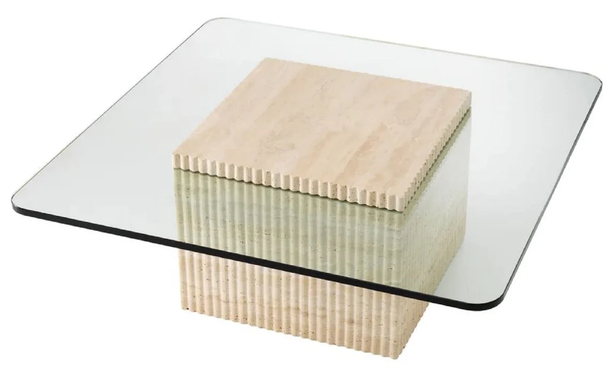 Luxury travertine coffee table beige 90 x 90 x H. 35 cm - Square natural stone living room table with glass top - Living room furniture - Luxury furniture - Luxury furnishings