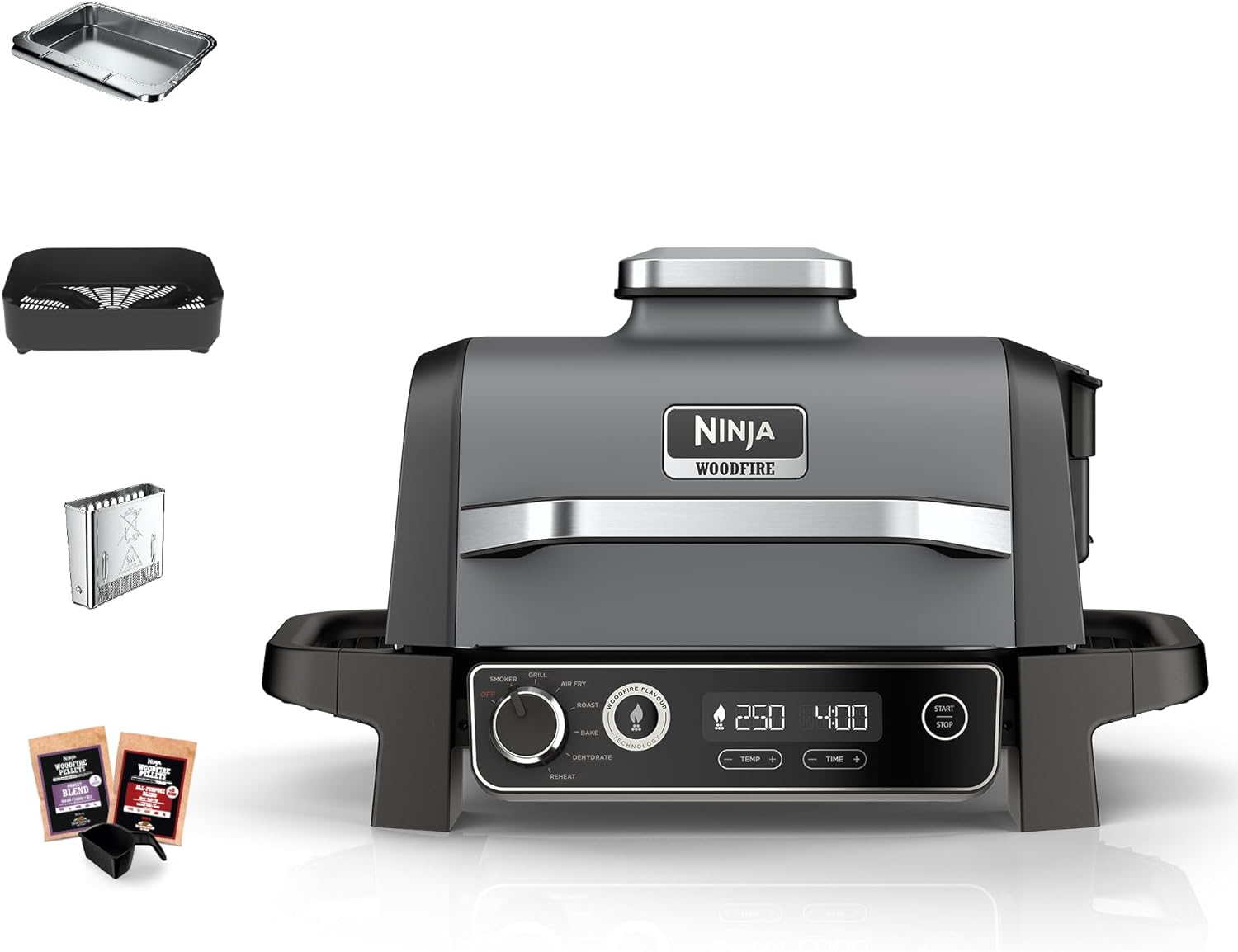 Ninja Woodfire Barbecue Elettrico, Affumicatore e Friggitrice ad Aria 7 in 1, per Grigliare, Friggere, Affumicare, Arrostire e Cuocere all'Aperto, Antiaderente, Portatile, Grigio/Nero OG701EU