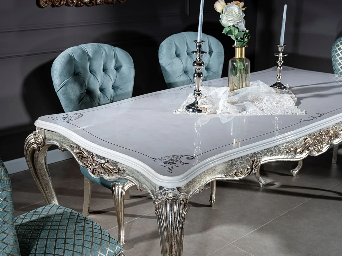 Luxury baroque dining table white / silver / gold 207 x 112 x H. 82 cm - solid wood dining room table - noble baroque dining room furniture