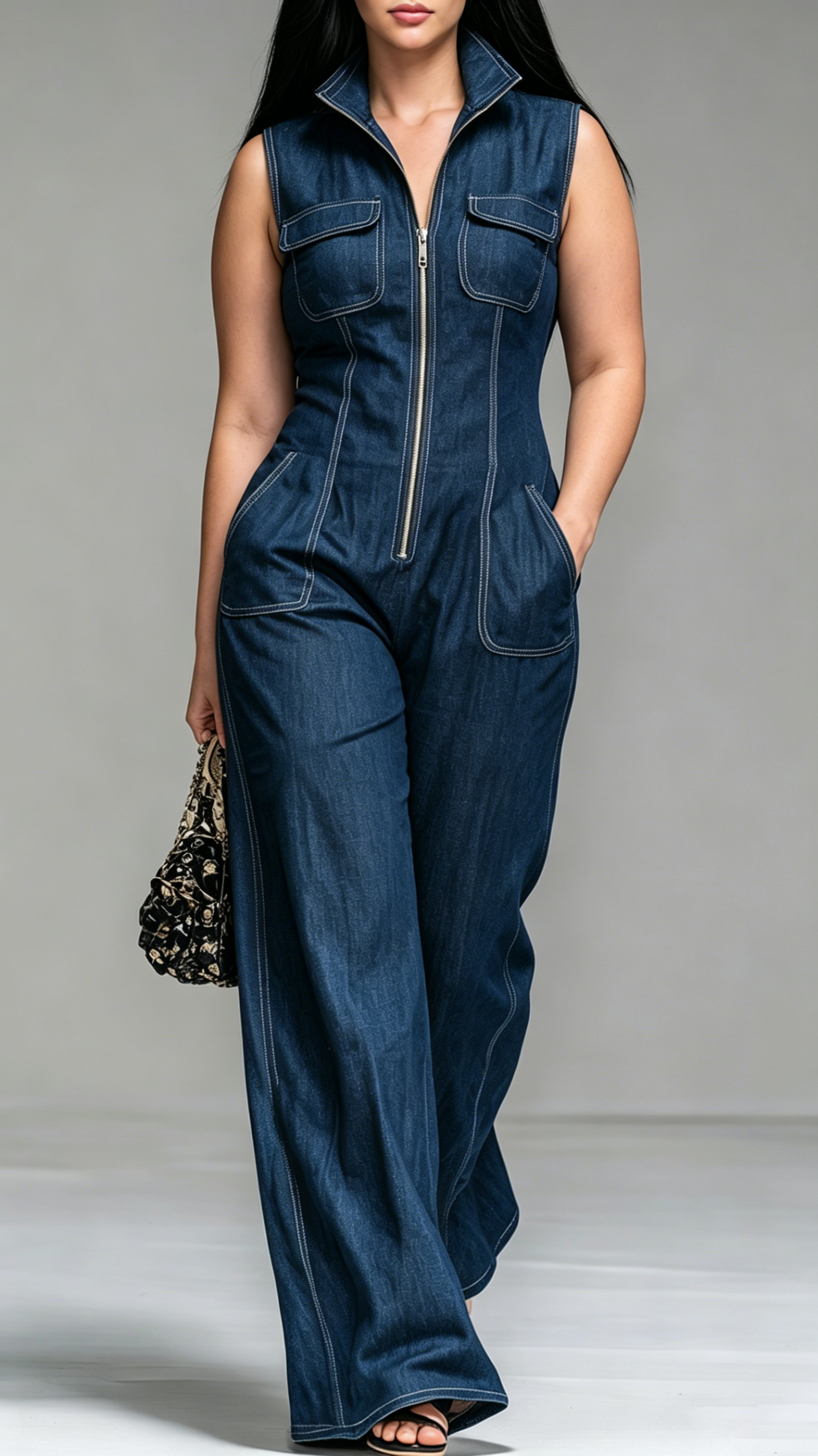 Women's Faux-Denim Retro Stand-Collar Sleeveless Zip-Front Jumpsuit - Nordfashionstorm - Women's Clothing, Fashion for You - Nordfashionstorm.com