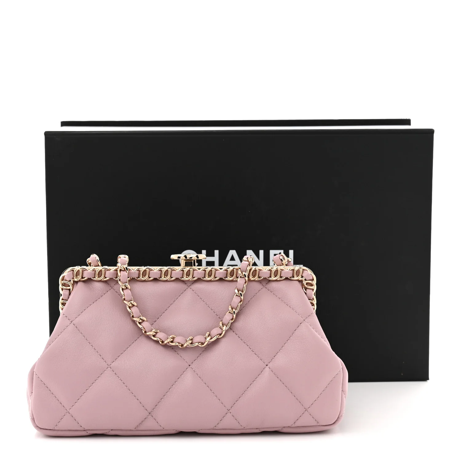 Lambskin Quilted Chain Frame Clutch Pink - Top Club