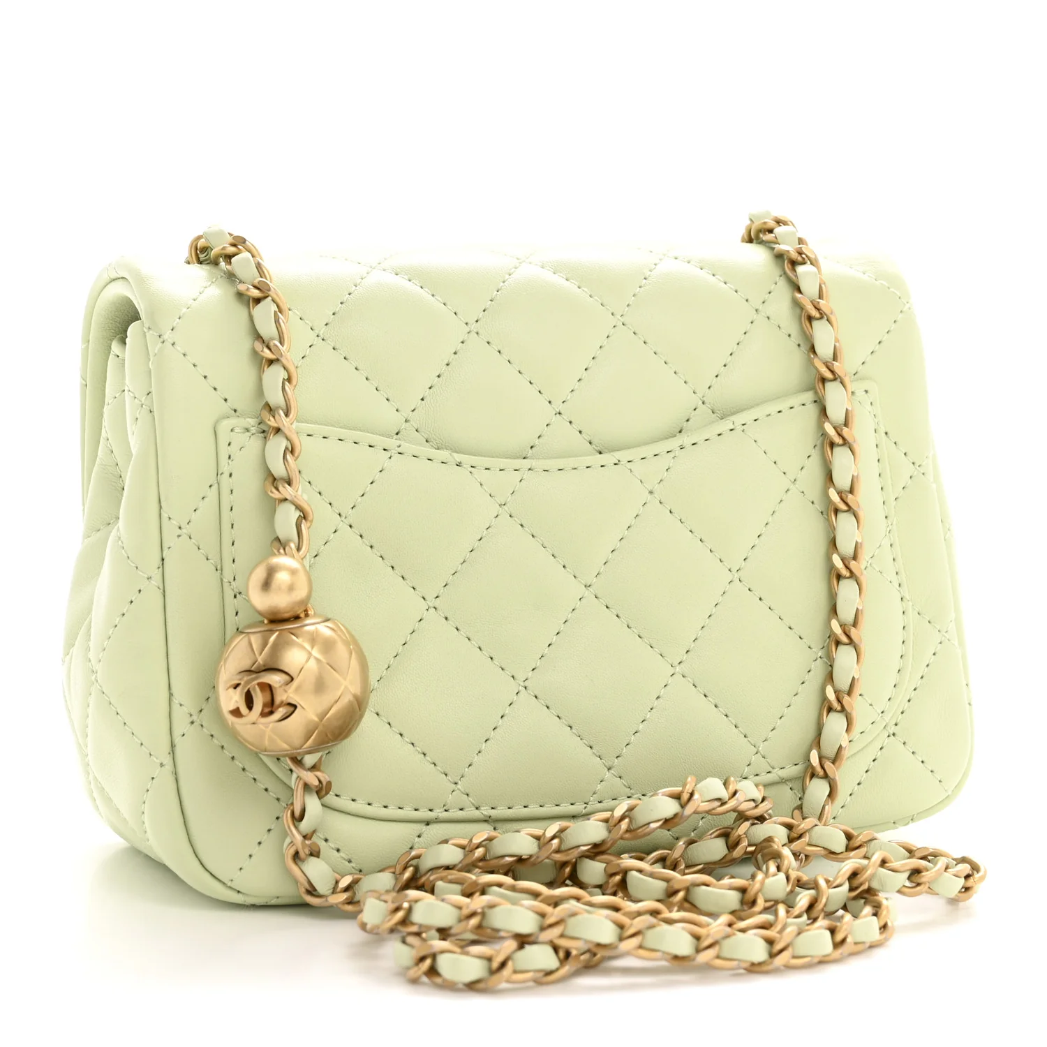 Lambskin Quilted Mini Pearl Crush Flap Light Green - Top Club