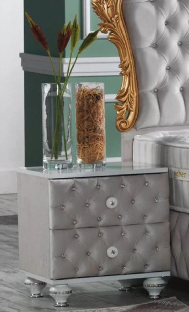 Baroque bedside table with rhinestones and 2 drawers gray / white / silver 50 x 50 x H. 50 cm - Side table in baroque style - Baroque bedroom furniture