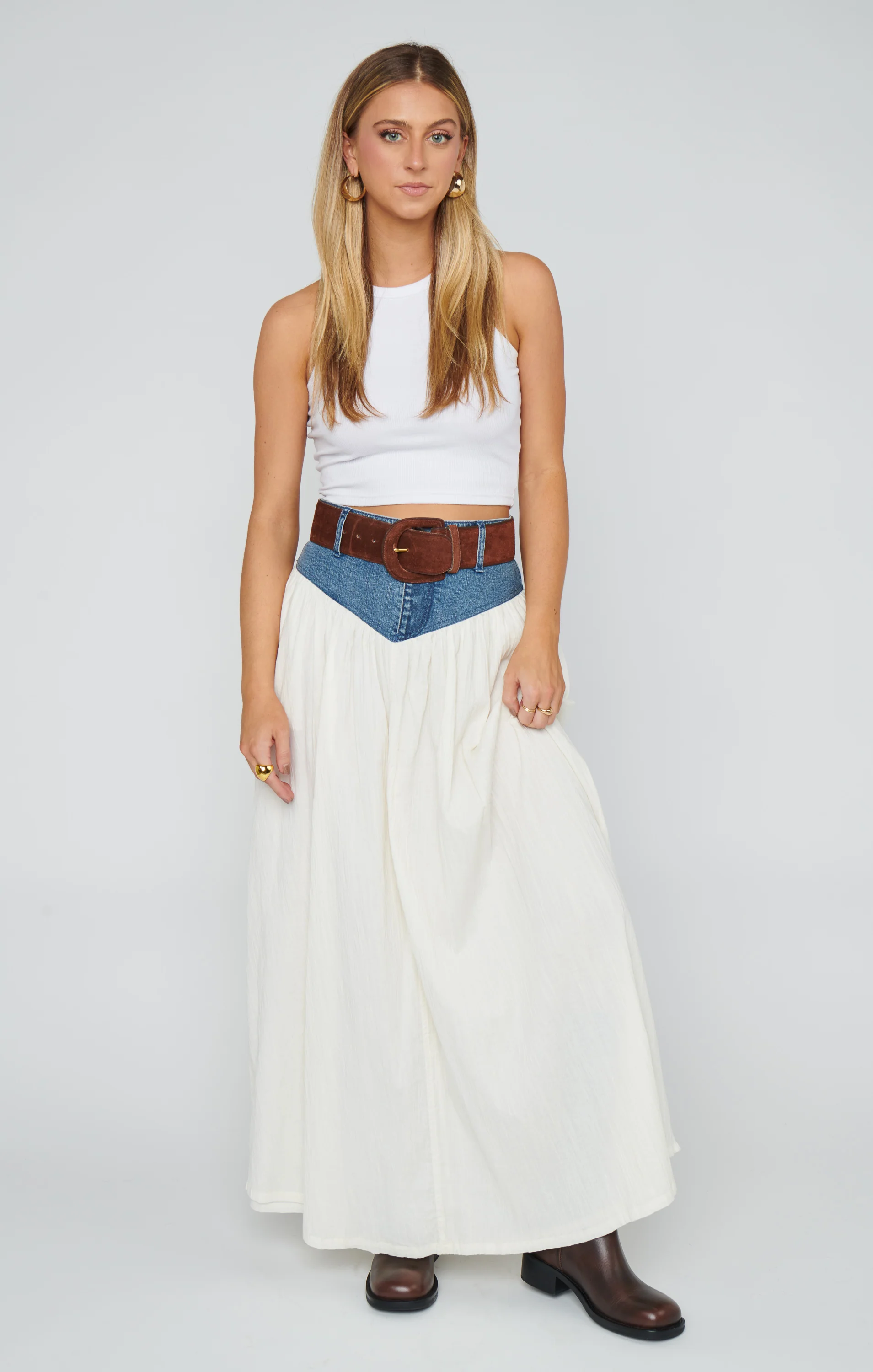 Joni Maxi Skirt ~ Denim with Cream Voile
