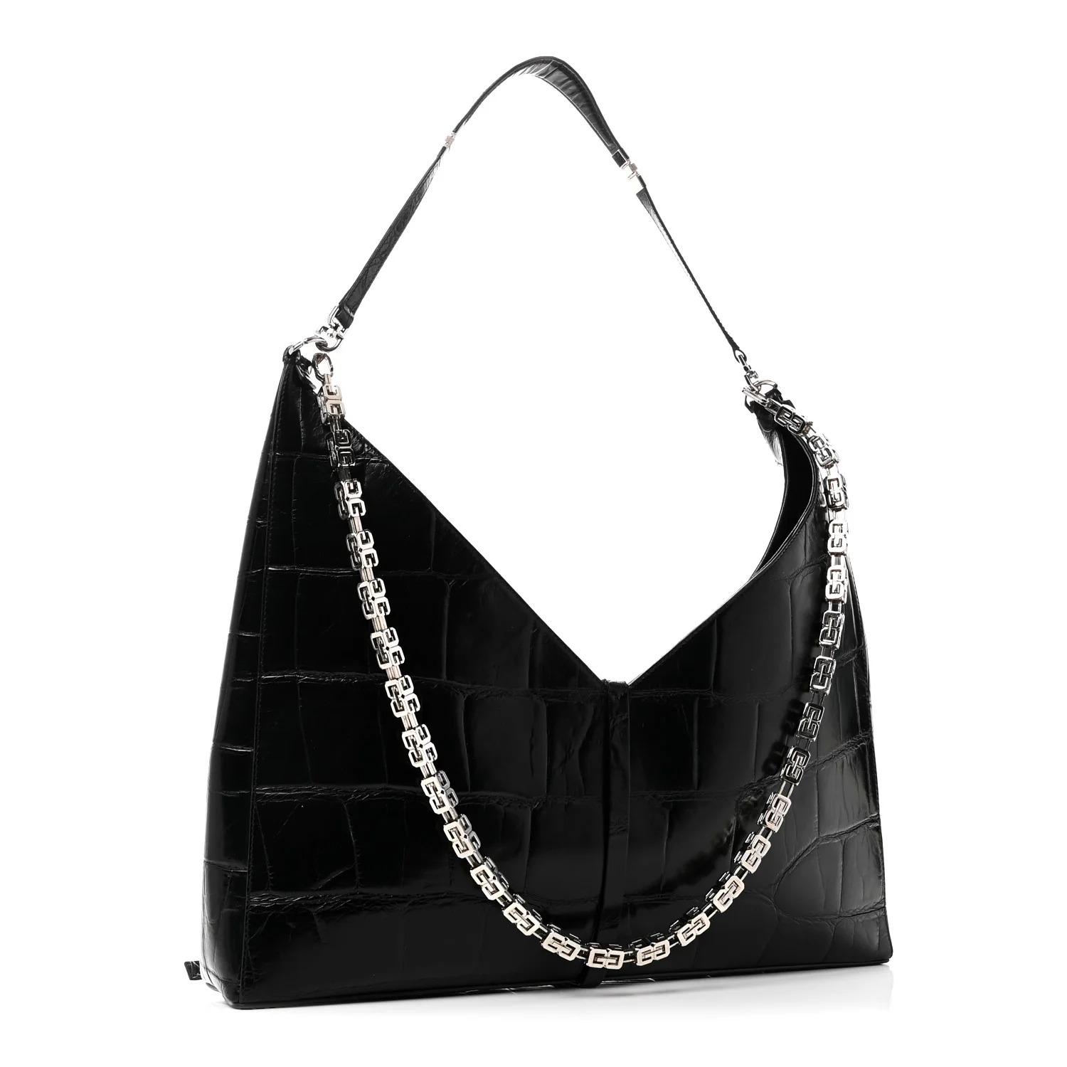 Calfskin Crocodile Embossed Large Cut Out Shoulder Bag Black - Top Club