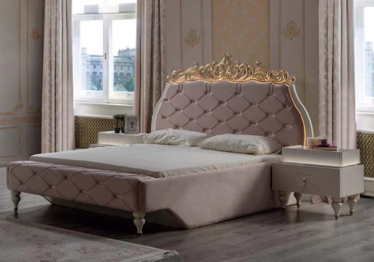 Luxury baroque double bed pink / cream / gold 204 x 233 x H. 149 cm - Elegant solid wood bed with headboard - Magnificent bedroom furniture in the baroque style