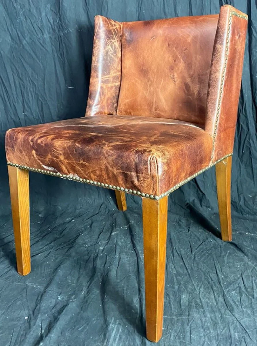 Luxury leather dining room chair set vintage brown / light brown 56 x 52 x H. 81 cm - genuine leather kitchen chairs set of 6 - dining room furniture - leather furniture - luxury furniture - luxury furnishings