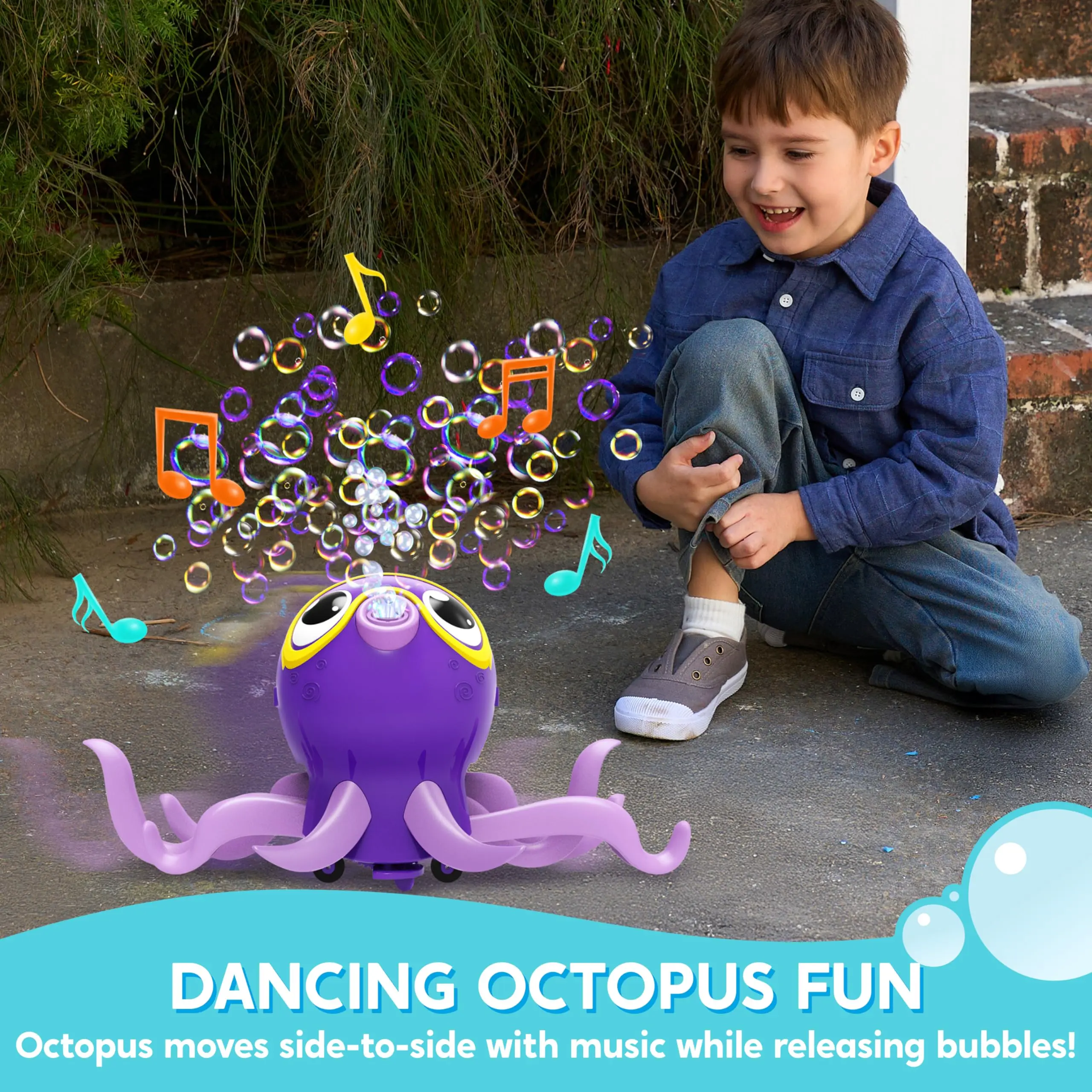 SYNCFUN Dancing Octopus Bubble Machine with Music, 360° Moving & Auto-Avoidance, Cute Bubble Machine Gun Blower with Solution Refills for Kids, Easter, Outdoor, Birthday, Party DealsForYouDays