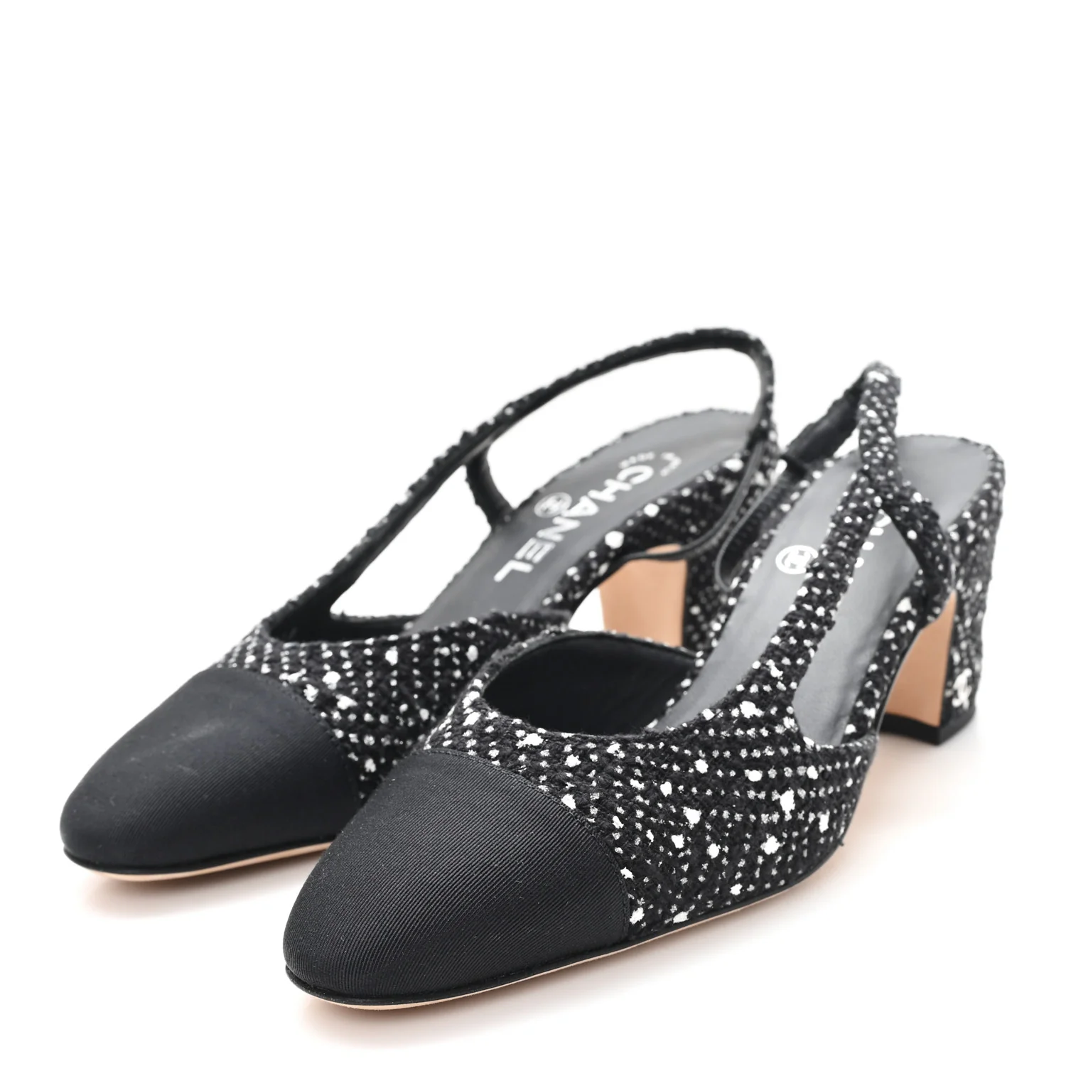 Tweed Polkadot Grosgrain Cap Toe CC Slingback Pumps 36 Black White Silver - Top Club