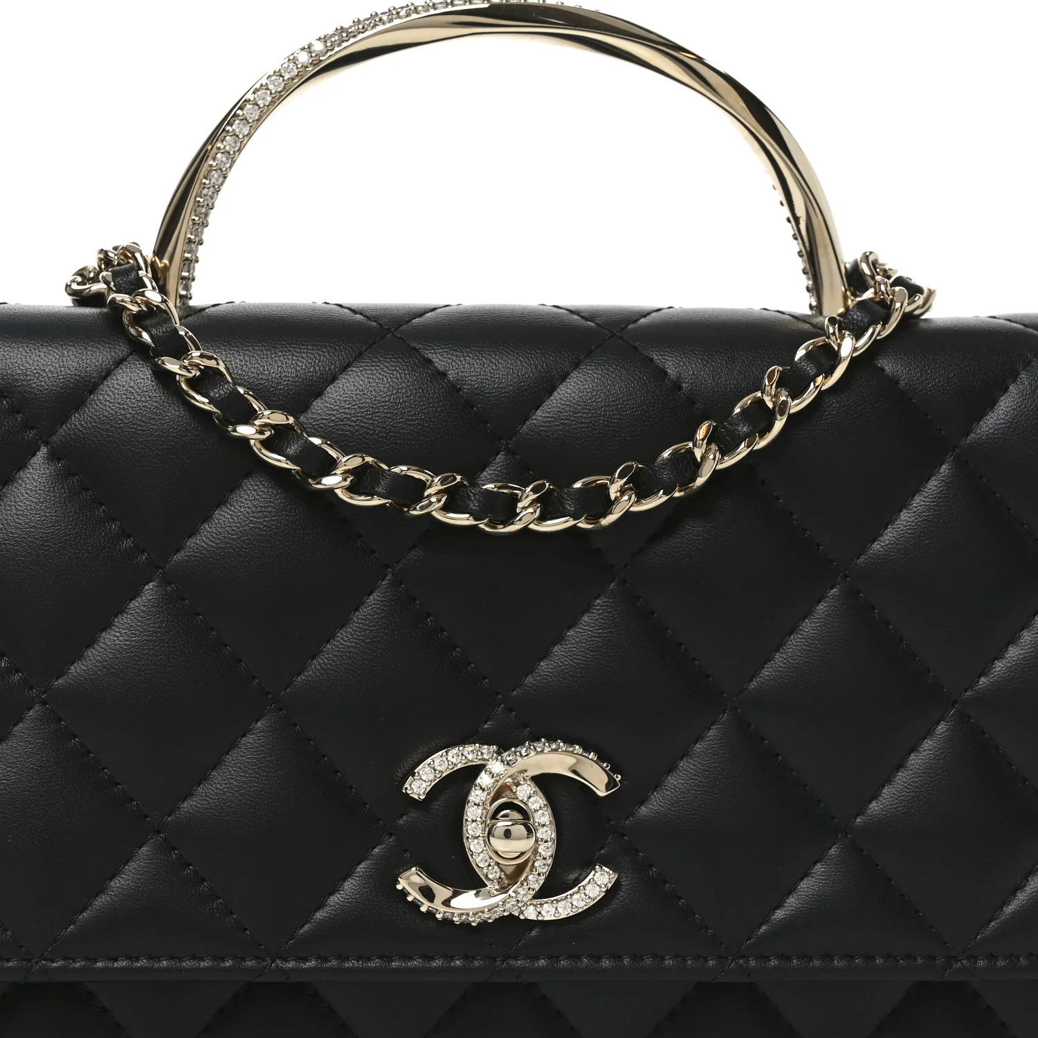 Lambskin Quilted Crystal Handle Wallet On Chain WOC Black - Top Club