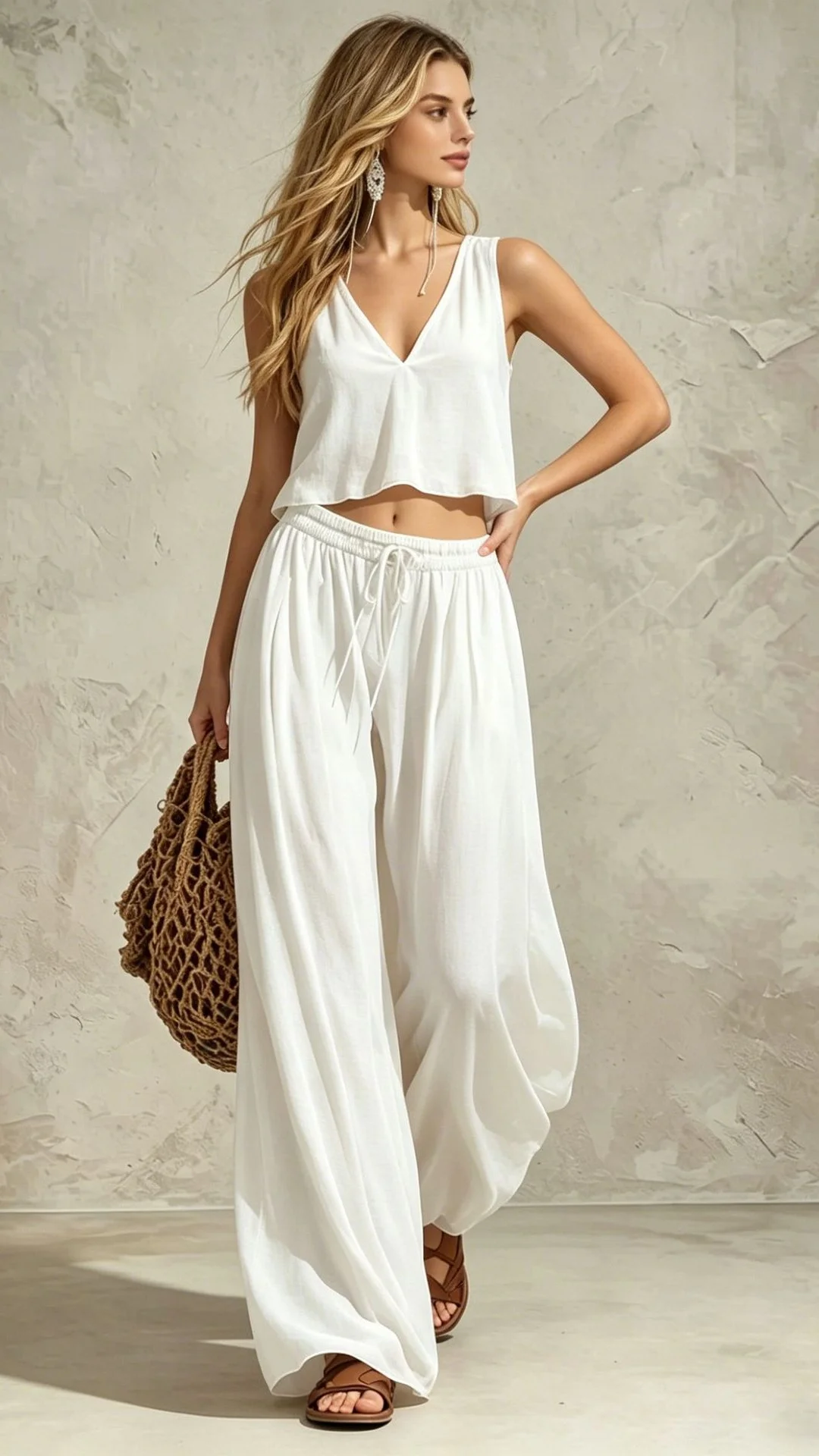 Women's Solid Color V-Neck Sleeveless Cami Top & Wide Leg Pants Casual Set - Nordfashionstorm - Women's Clothing, Fashion for You - Nordfashionstorm.com