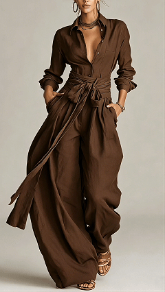 Women's  Cotton-Linen Shirt & Wide-Leg Pants Set with Belt - Nordfashionstorm - Women's Clothing, Fashion for You - Nordfashionstorm.com