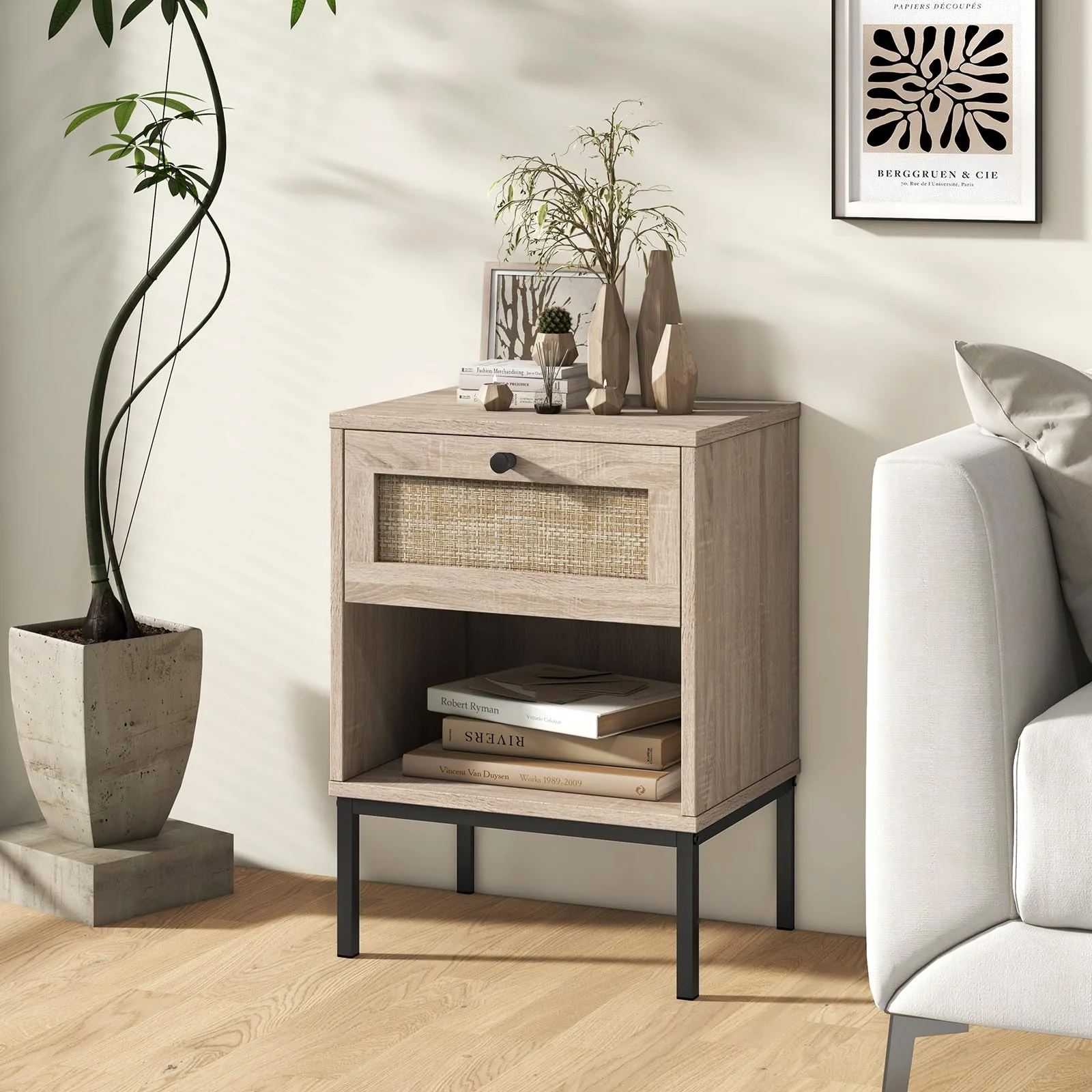 BEFOUNDLOVELY Rattan Nightstand with Drawer & Open Storage Shelf