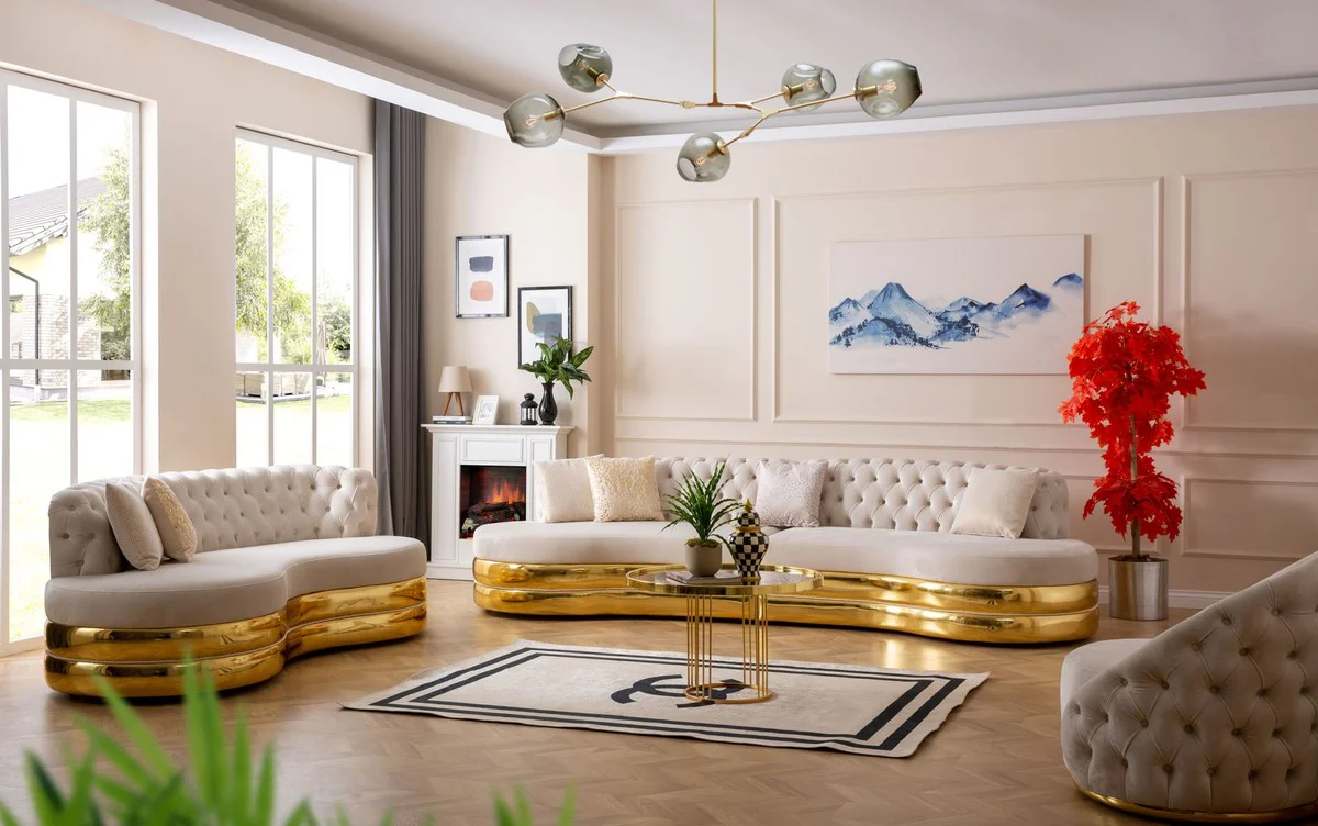 Luxury Chesterfield 3-seater sofa cream / gold 230 x 105 x H. 82 cm - Curved Chesterfield living room sofa - Living room furniture - Chesterfield furniture - Luxury furniture - Luxury furnishings