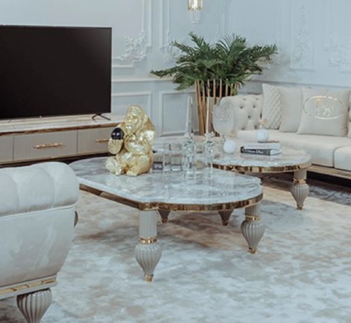 Luxury Art Deco coffee table gray / white / gold 160 x 87 x H. 46 cm - Magnificent solid wood living room table with artificial marble table top - Art Deco living room furniture