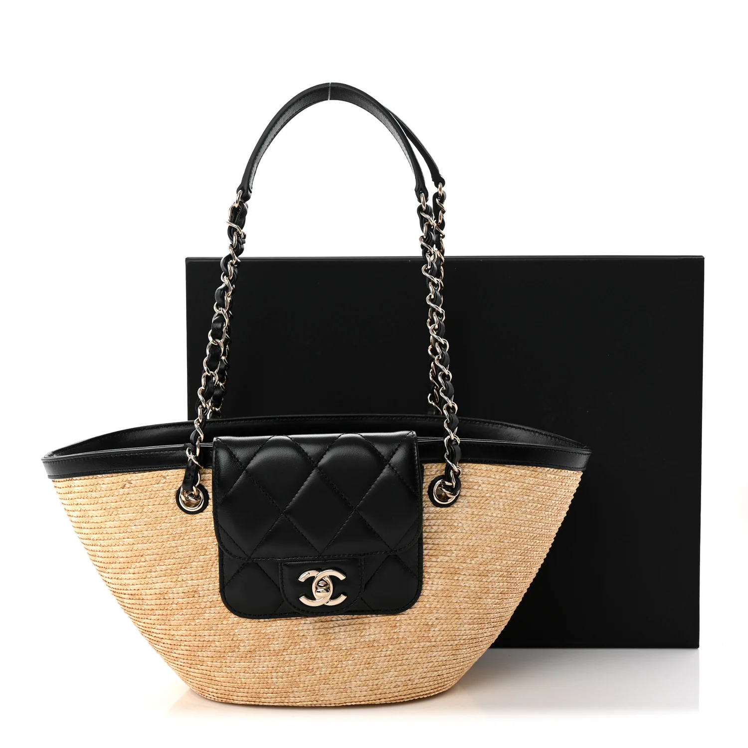 Raffia Braided Lambskin Small Shopping Tote Beige Black - Top Club