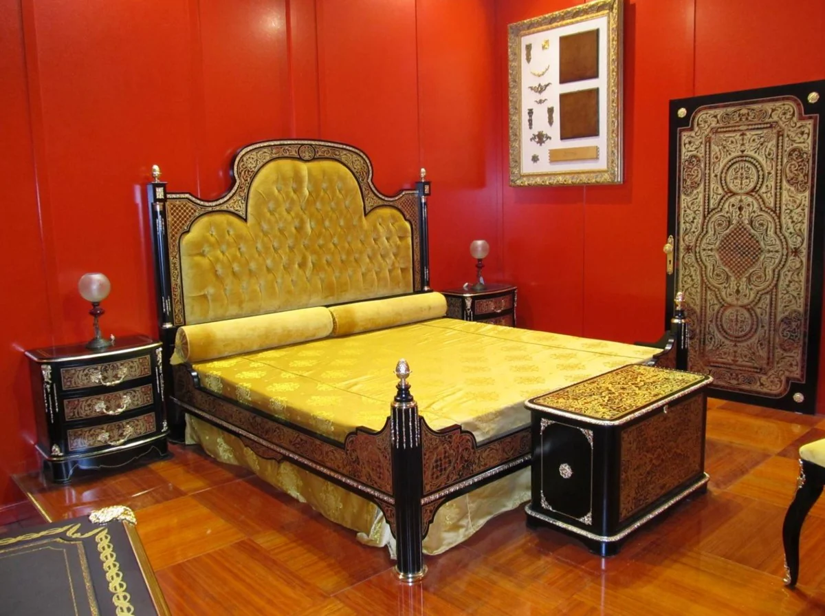 Luxury Baroque Boulle double bed black / red / gold / silver 211 x 215 x H. 180 cm - Magnificent solid wood bed - Bedroom furniture - Hotel furniture - Luxury quality - Made in Italy