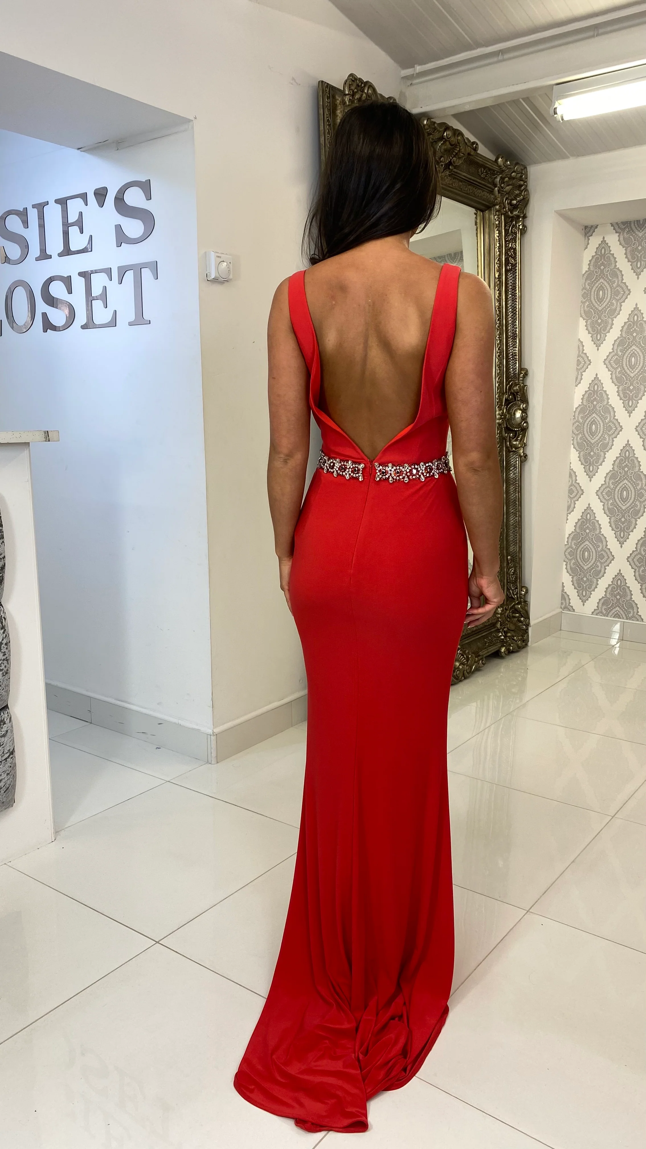 Bright Red Plunge Neck - Diamonte Belt Evening Gown