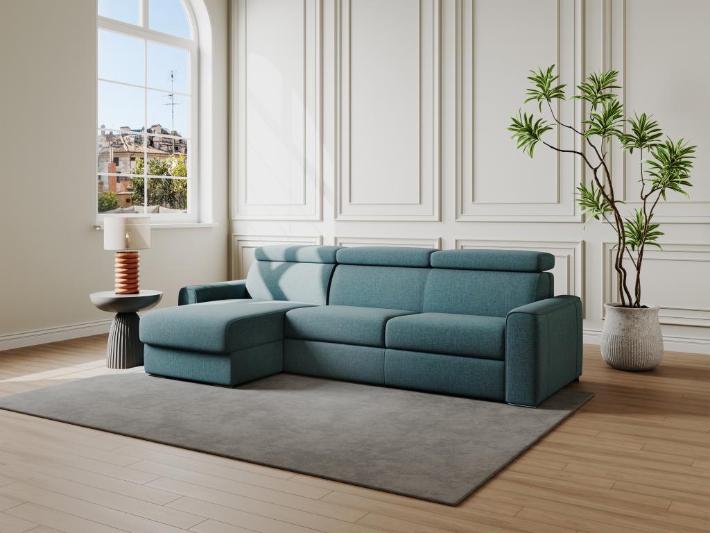 Sofá cama esquinero reversible tipo italiano de tela azul - Con láminas anchas de 160 cm - Colchón de 14 cm - VIZIR