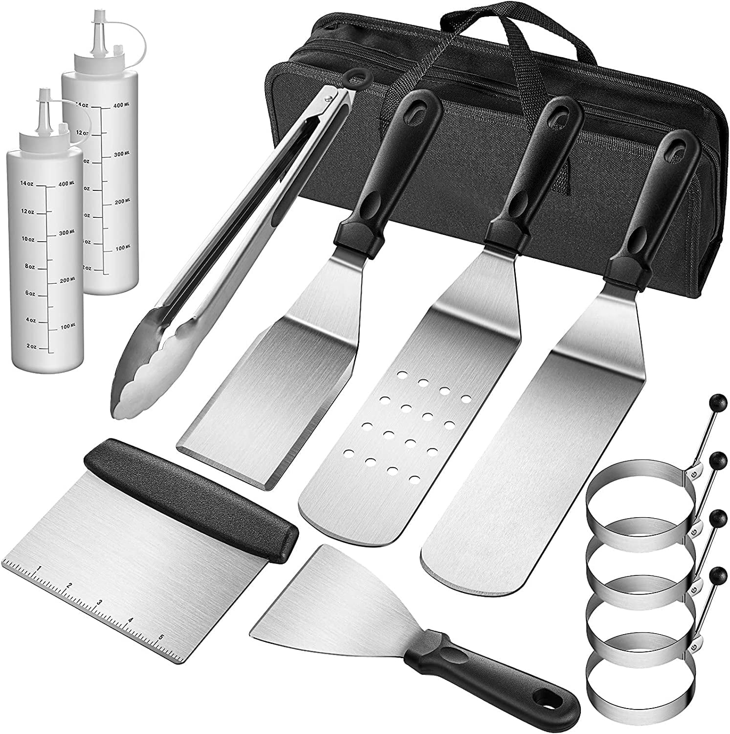 12 Pcs  Griddle Accessories Kit,  Flat Top Grill Accessories Kit Barbecue Tools Set with Spatula Scraper Tongs Cooking Utensils Carrying Bag for Outdoor Camping