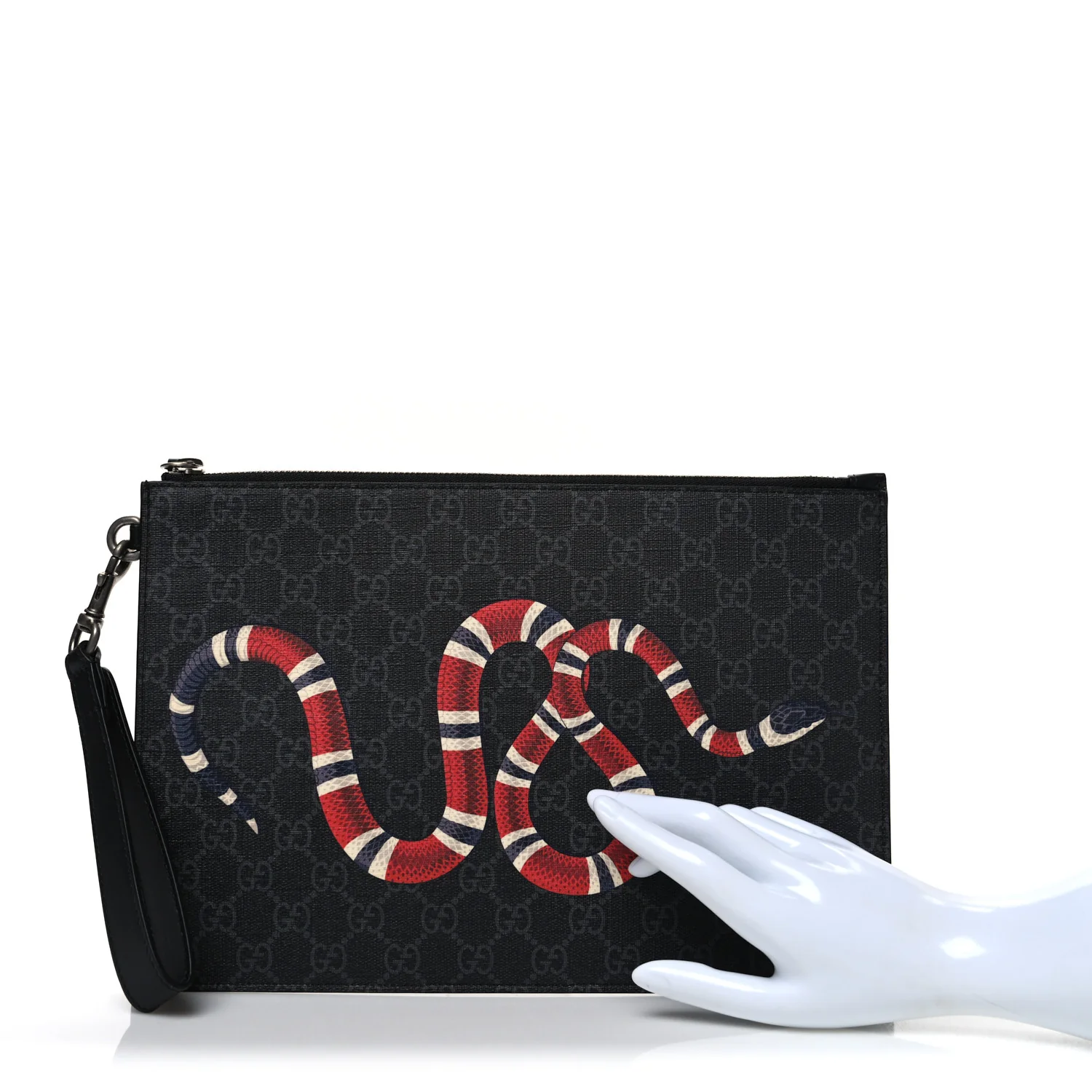 GG Supreme Monogram Kingsnake Zip Wristlet Pouch Black Grey