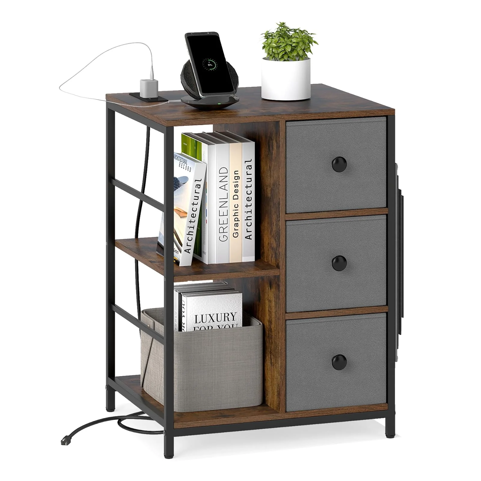 BEFOUNDLOVELY 3-Tier Nightstand with Charging Station