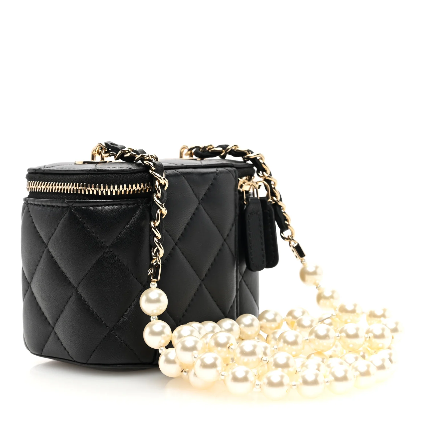 Lambskin Quilted Mini Vanity Case With Pearl Chain Black - Top Club