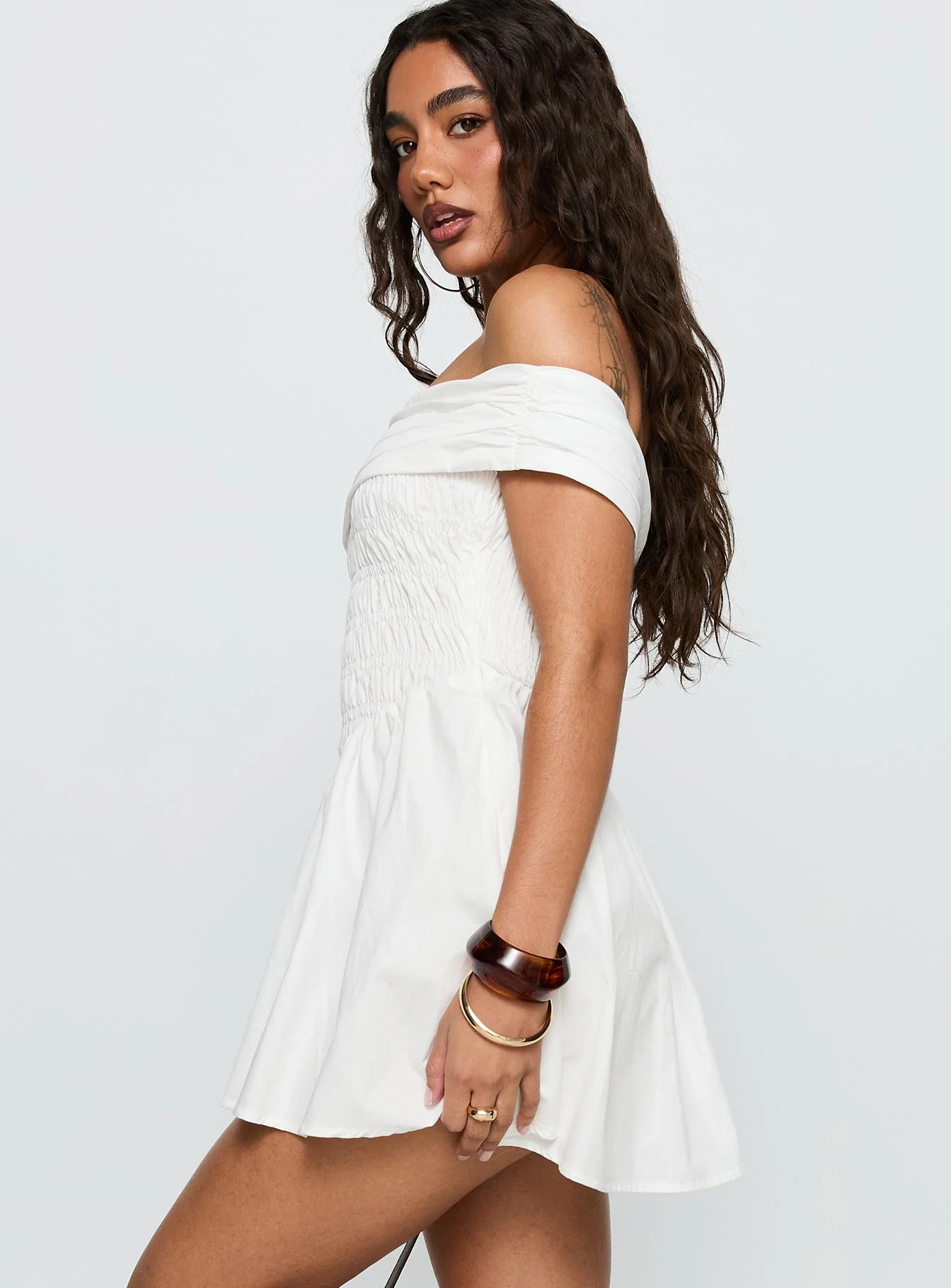 Fruitful Off Shoulder Mini Dress White