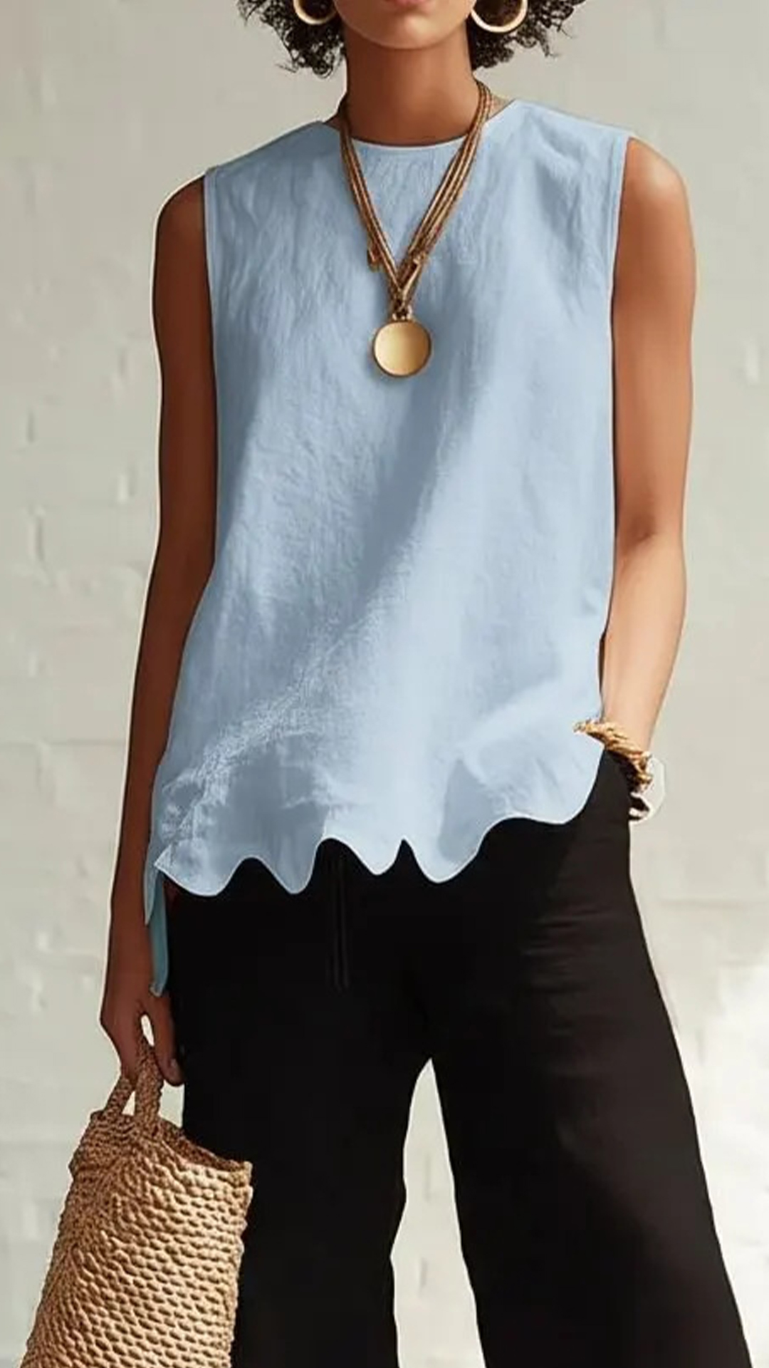 Women's Cotton‑blend Crew‑neck Sleeveless Scalloped‑hem Waist‑cinched Top - Nordfashionstorm - Women's Clothing, Fashion for You - Nordfashionstorm.com