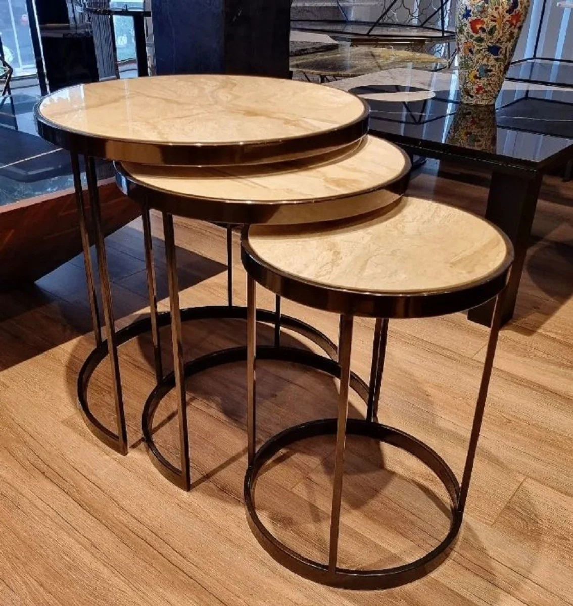 Luxury side table set beige / brass - 3 round metal tables with marble top - living room furniture - hotel furniture - luxury furniture - luxury furnishings - furniture luxury