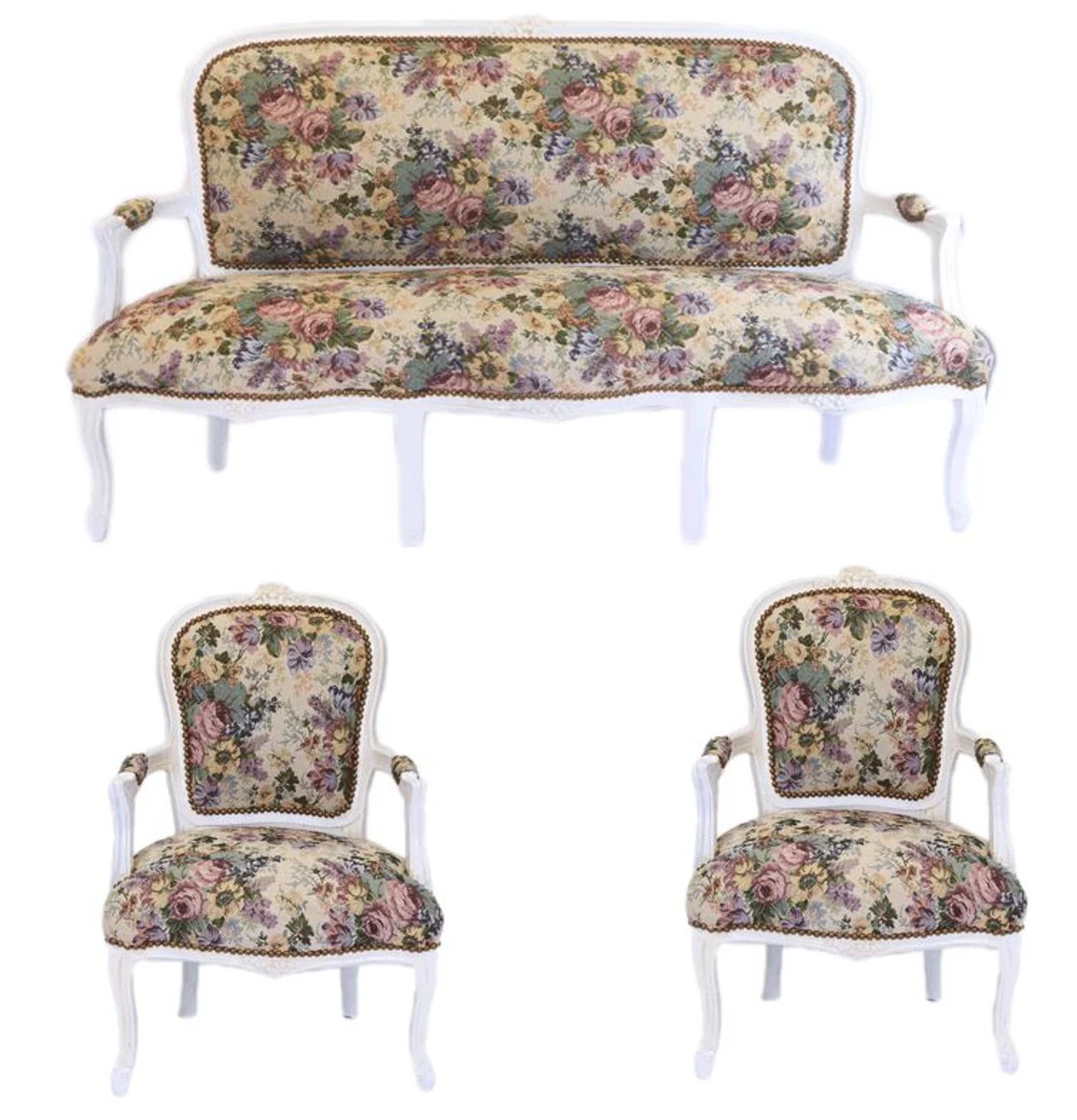 Baroque bench set floral pattern / antique style white - 1 sofa + 2 armchairs