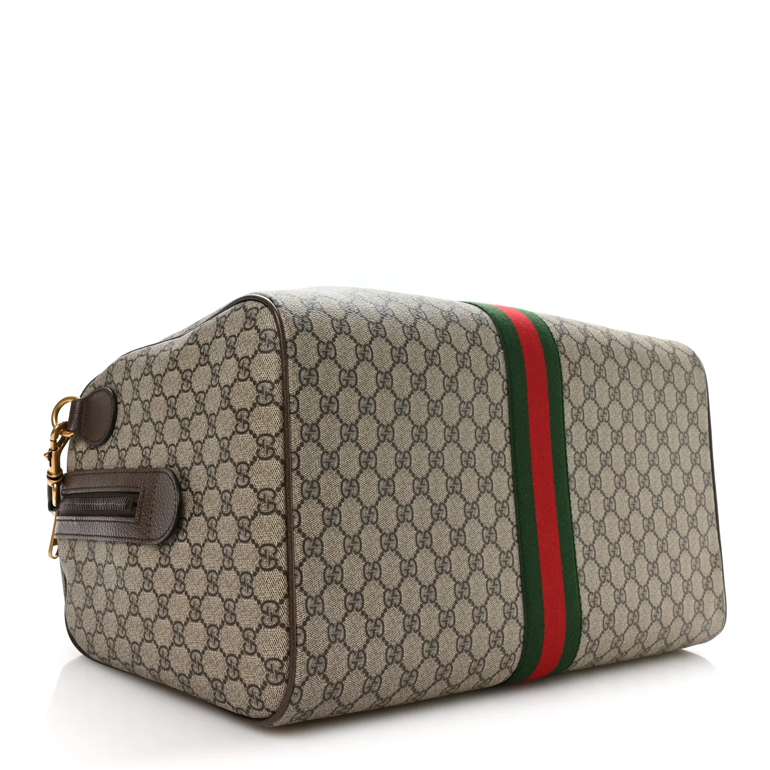 GG Supreme Monogram Textured Dollar Calfskin Web Medium Savoy Duffle Bag Beige Dark Brown - Top Club