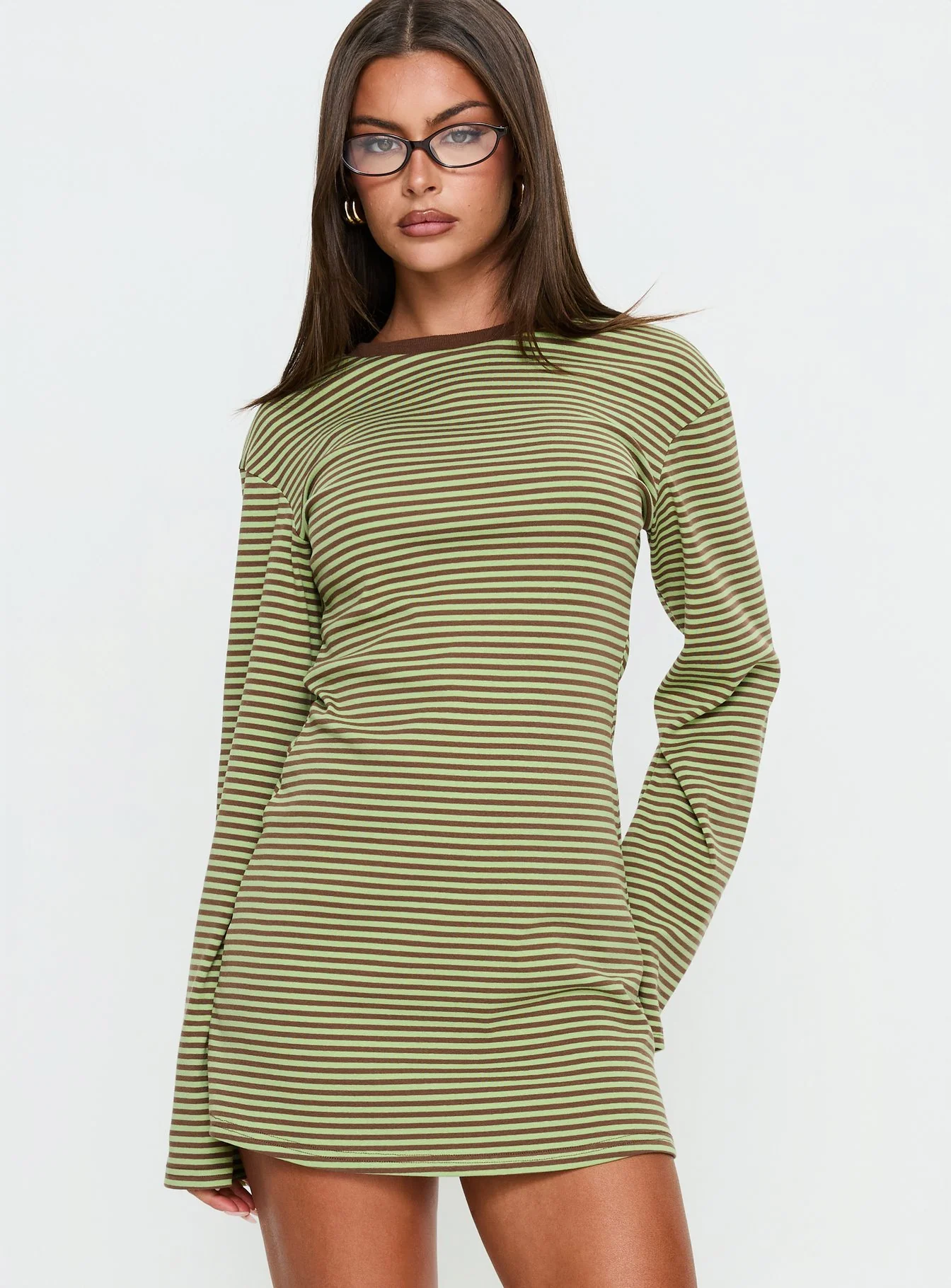 Lulolah Long Sleeve Mini Dress Green / Chocolate Stripe