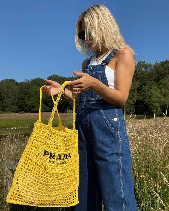 Prada Women's Natural Crochet Tote Bag-Yellow - Top Club