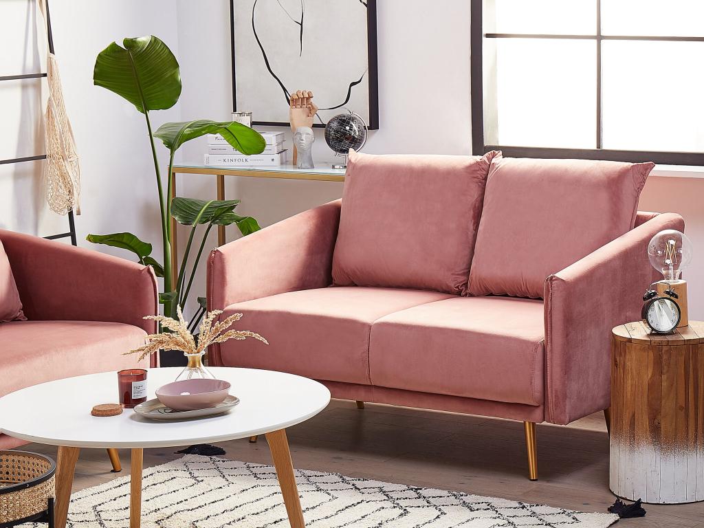 Sofá 2 plazas de terciopelo rosa/dorado MAURA